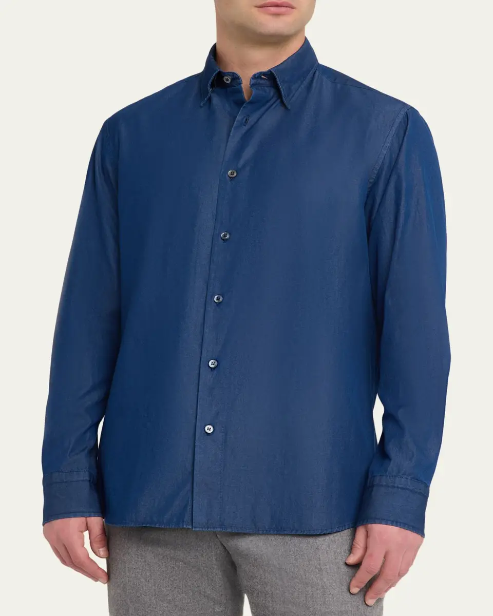 Brioni Men's Cotton Denim Casual Button-Down Shirt | Thumbnail 4 Brioni Men's Cotton Denim Casual Button-Down Shirt | Thumbnail 4