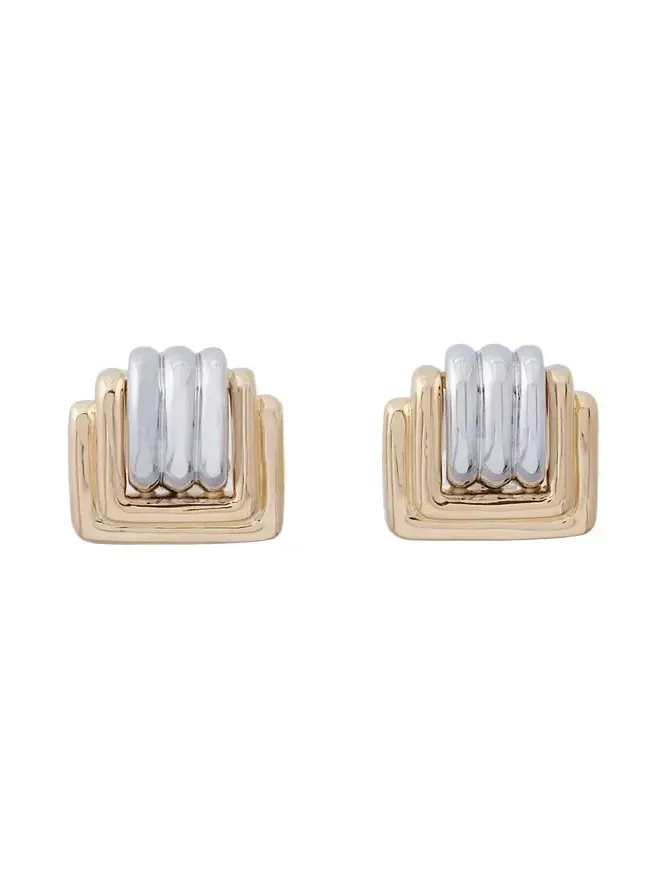 18K Yellow and White Gold Square Clip Earrings