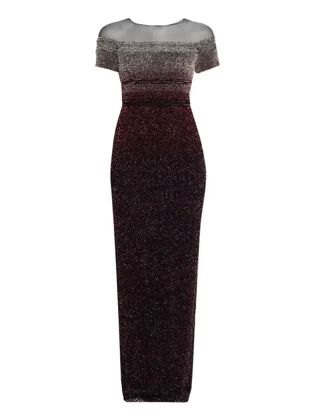 Short-Sleeve Signature Sequined Column Gown