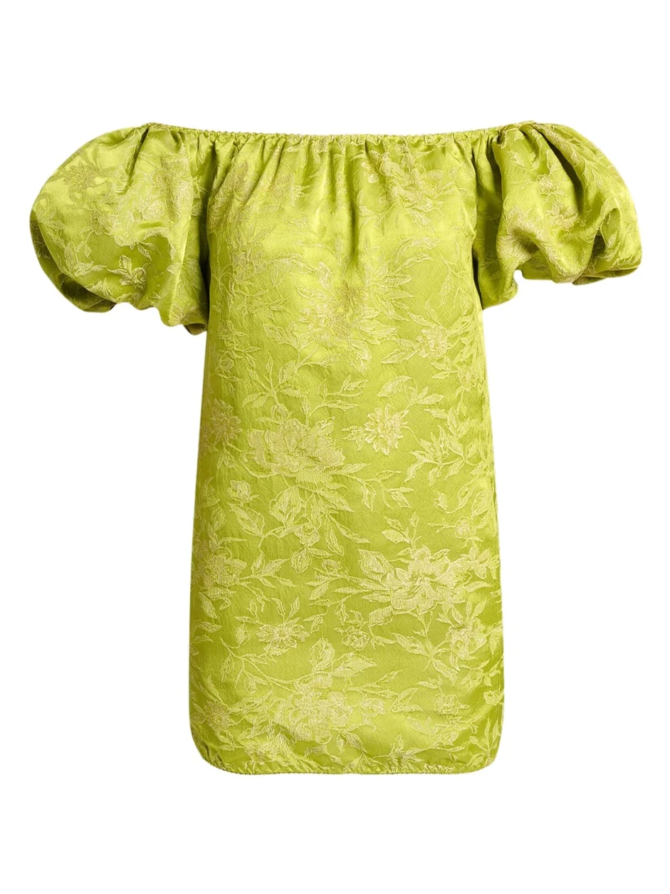 Duchesse Satin Brocade Puff-Sleeve Mini Dress Duchesse Satin Brocade Puff-Sleeve Mini Dress