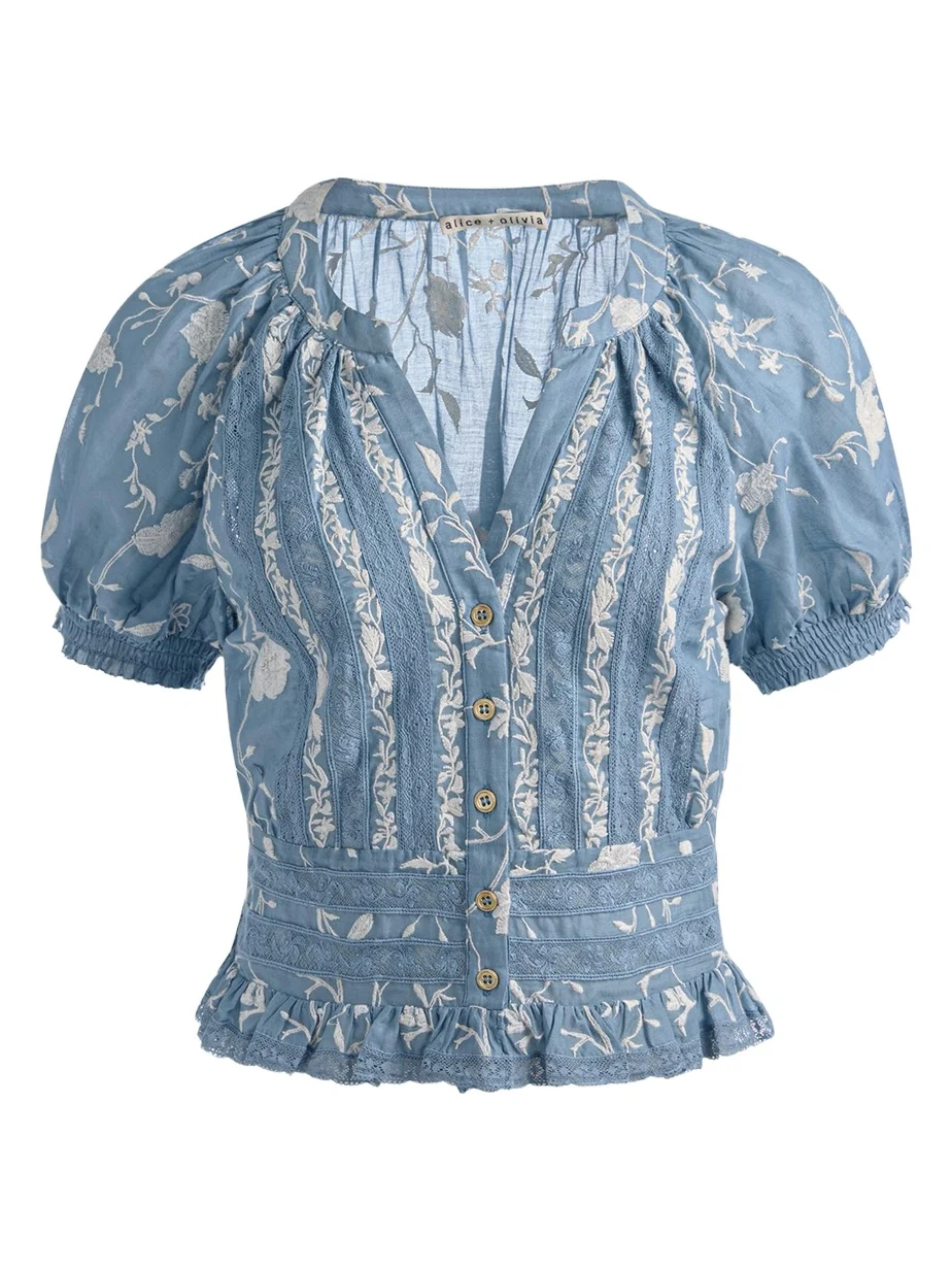 Alice + Olivia Kathryn Embroidered Short-Sleeve Blouse