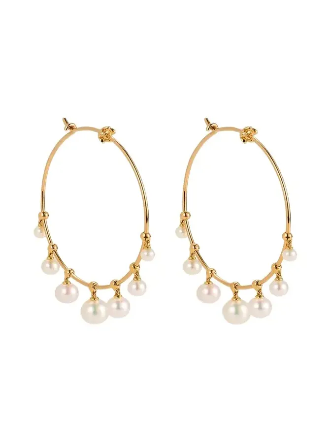 18K Yellow Gold Wind Chime Earrings with Akoya Pearls, 36mm 18K Yellow Gold Wind Chime Earrings with Akoya Pearls, 36mm