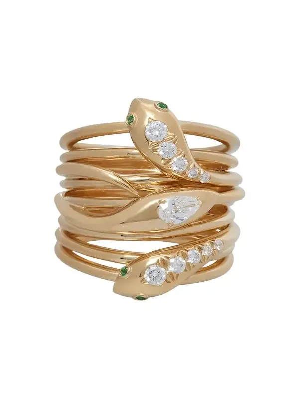 18K Yellow Gold Serpentine Ring with Diamonds and Emeralds 18K Yellow Gold Serpentine Ring with Diamonds and Emeralds