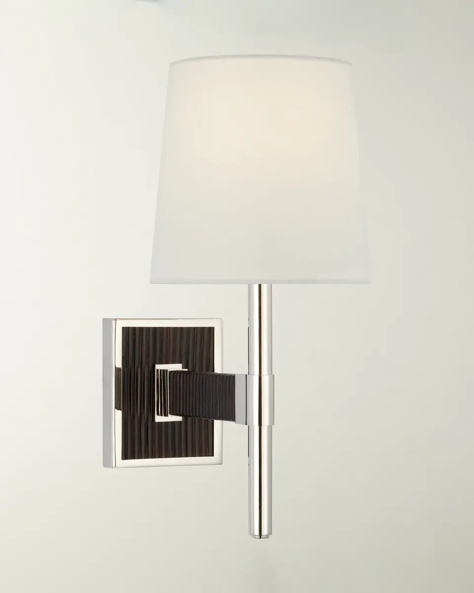 Visual Comfort Signature Elle Small Single Sconce In Polished Nickel And Black Rattan With Linen Shade By Suzanne Kasler | Thumbnail 2 Visual Comfort Signature Elle Small Single Sconce In Polished Nickel And Black Rattan With Linen Shade By Suzanne Kasler | Thumbnail 2