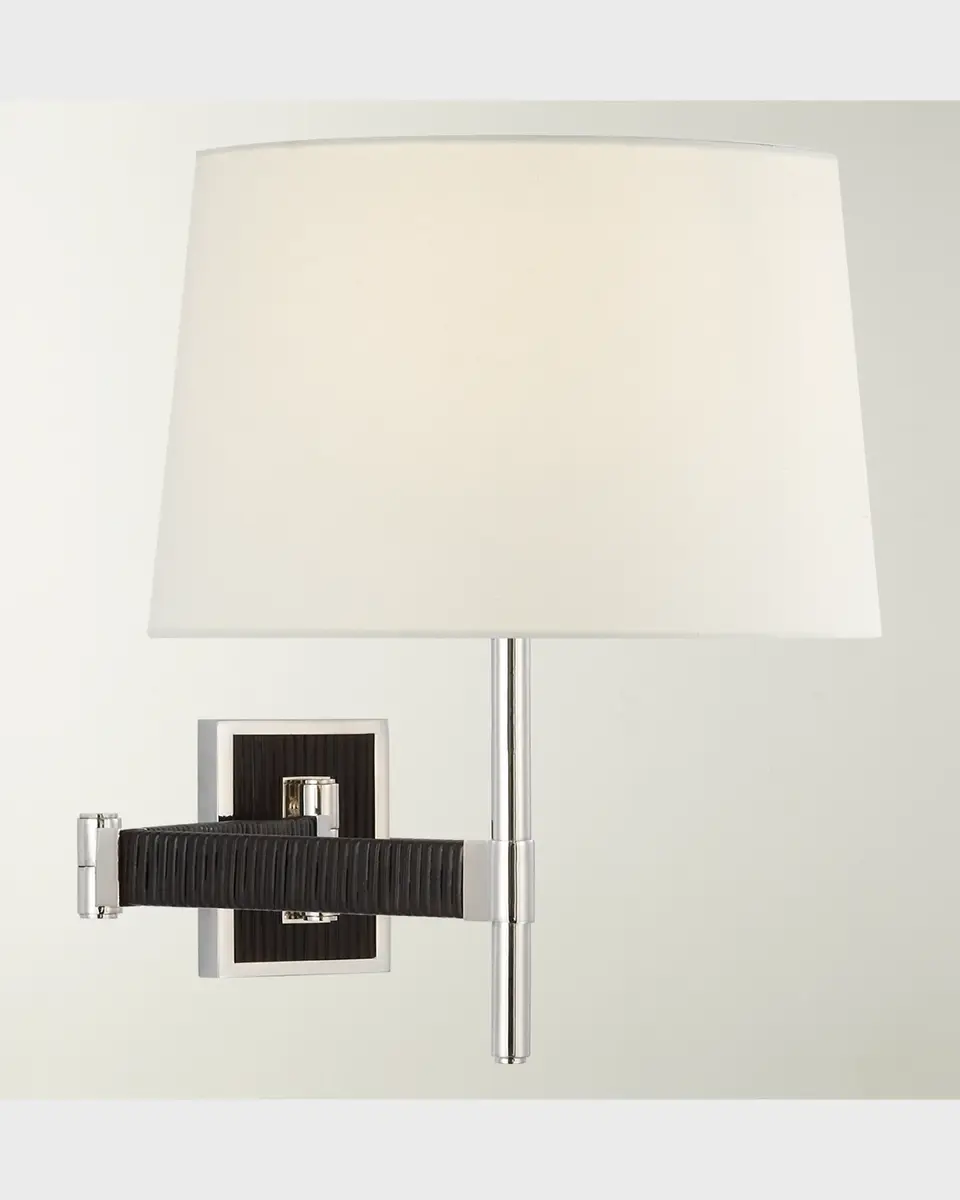 Visual Comfort Signature Elle Swing Arm Sconce In Polished Nickel And Black Rattan With Linen Shade By Suzanne Kasler | Thumbnail 2 Visual Comfort Signature Elle Swing Arm Sconce In Polished Nickel And Black Rattan With Linen Shade By Suzanne Kasler | Thumbnail 2