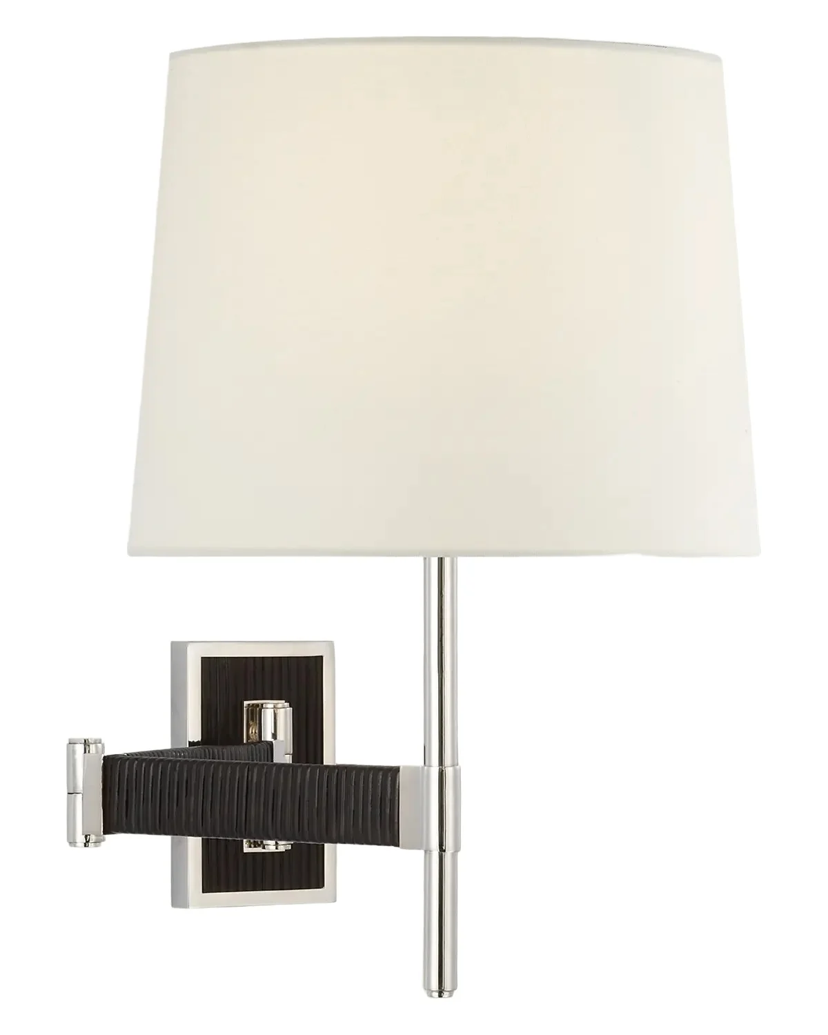 Visual Comfort Signature Elle Swing Arm Sconce In Polished Nickel And Black Rattan With Linen Shade By Suzanne Kasler