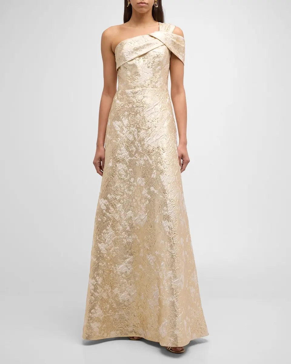 Rickie Freeman for Teri Jon One-Shoulder Metallic Jacquard A-Line Gown | Thumbnail 2