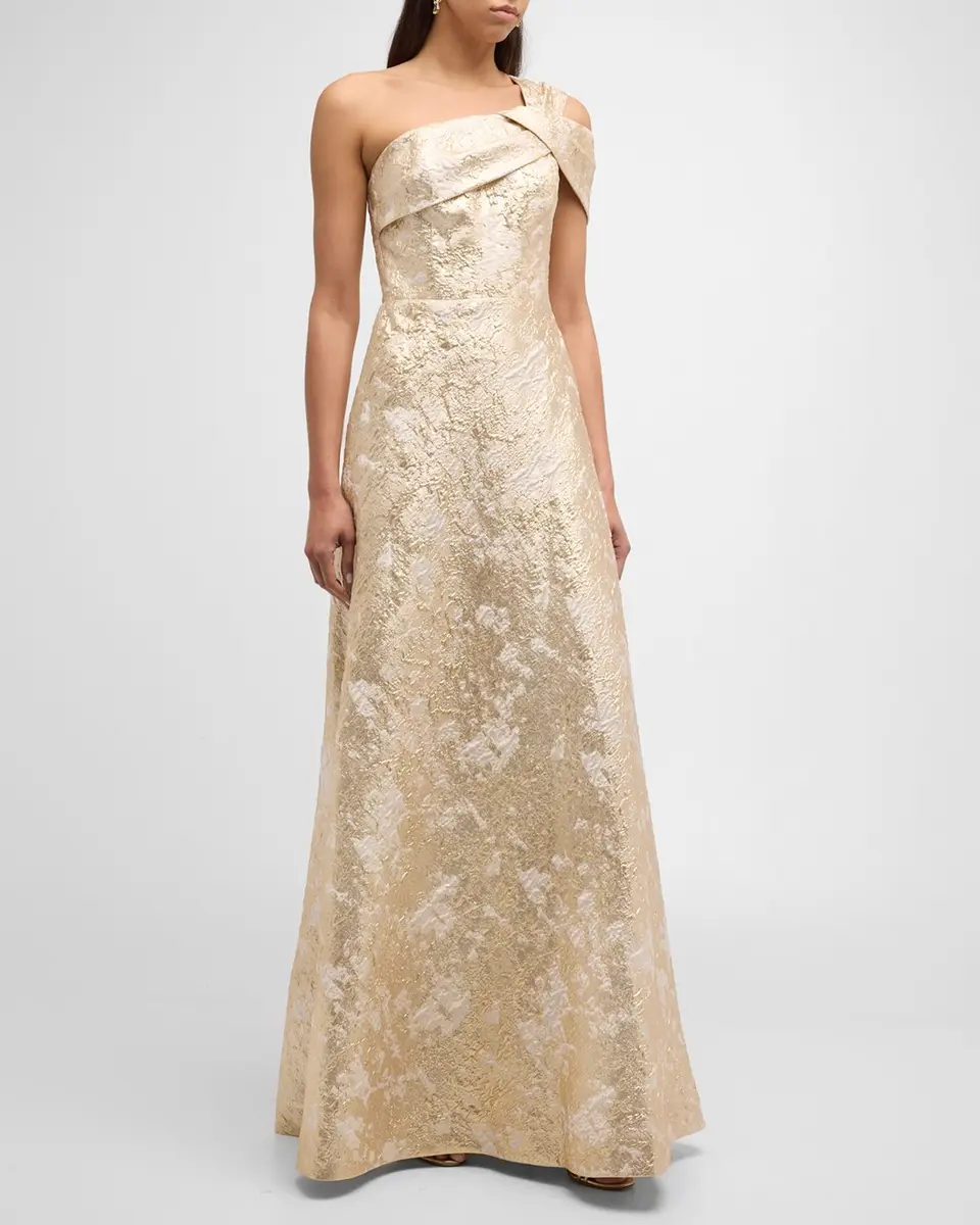 Rickie Freeman for Teri Jon One-Shoulder Metallic Jacquard A-Line Gown | Thumbnail 3