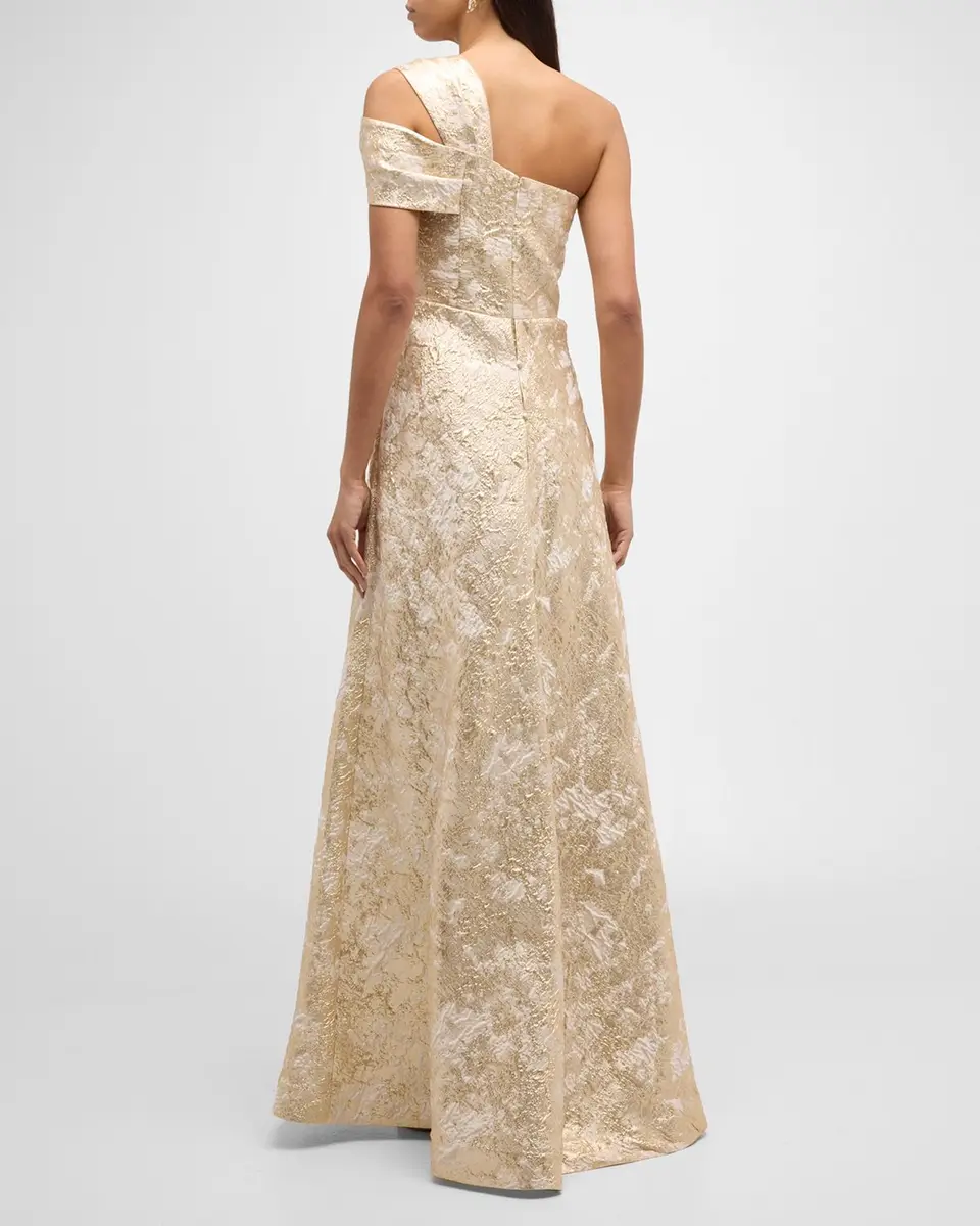 Rickie Freeman for Teri Jon One-Shoulder Metallic Jacquard A-Line Gown | Thumbnail 4