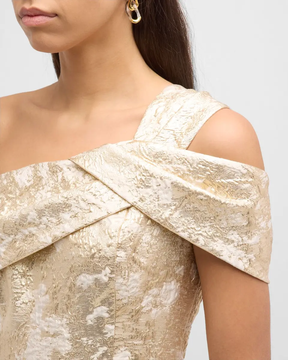 Rickie Freeman for Teri Jon One-Shoulder Metallic Jacquard A-Line Gown | Thumbnail 5