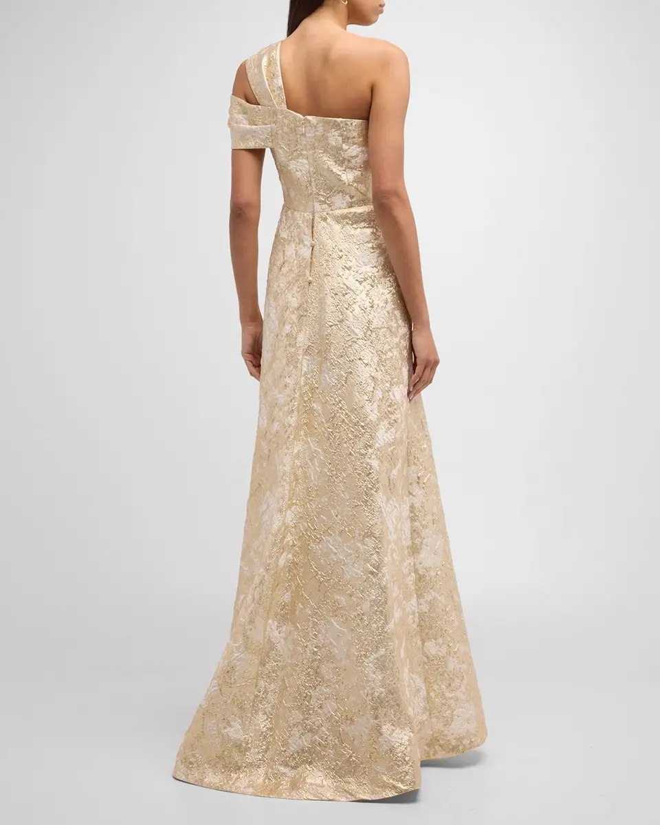 Rickie Freeman for Teri Jon One-Shoulder Metallic Jacquard A-Line Gown | Thumbnail 6