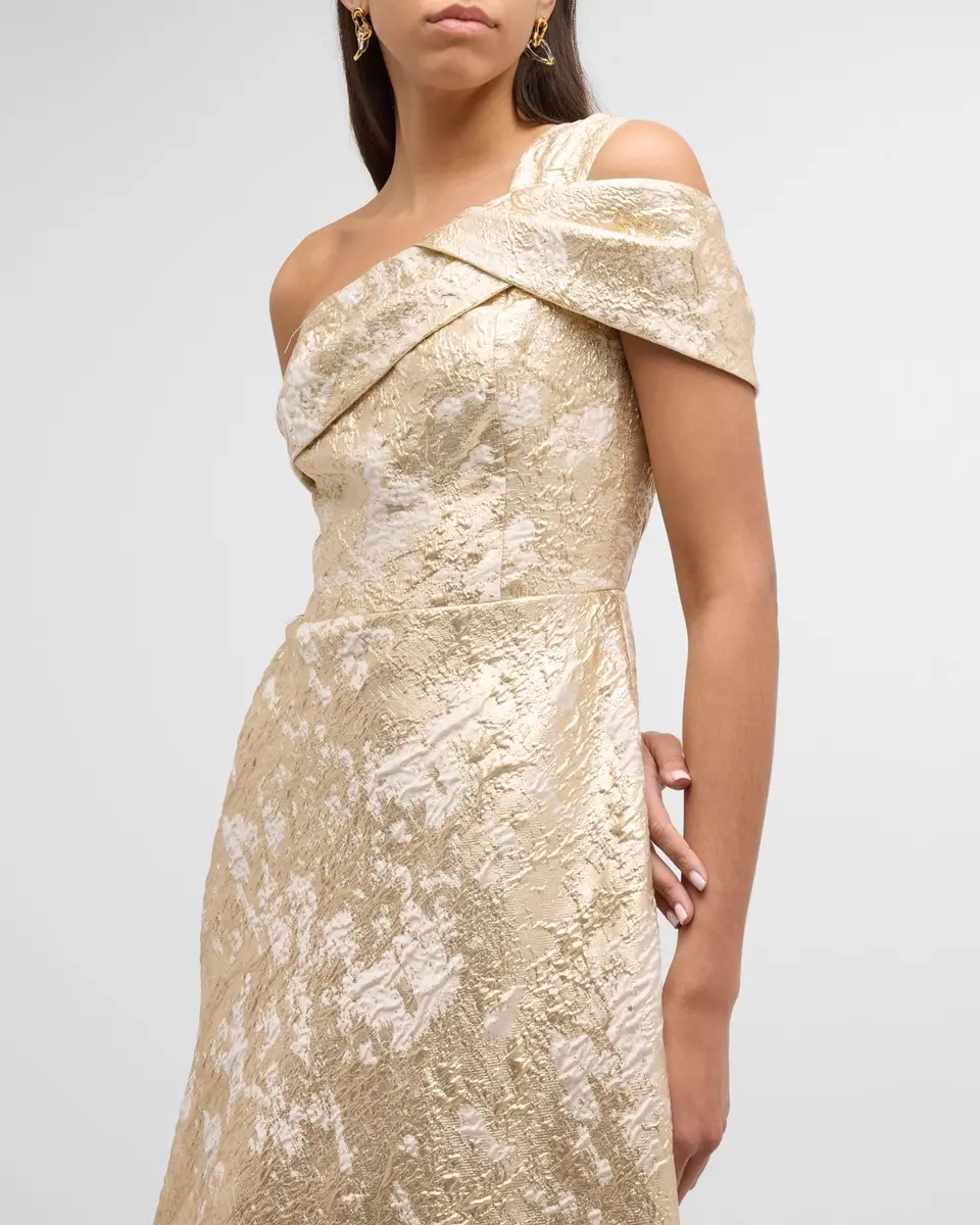 Rickie Freeman for Teri Jon One-Shoulder Metallic Jacquard A-Line Gown | Thumbnail 7