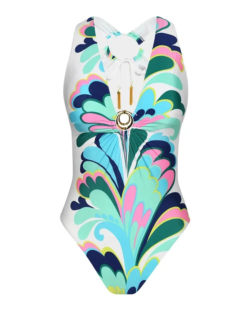 Sunshine 79 Far Out Feather V-Plunge One-Piece Swimsuit