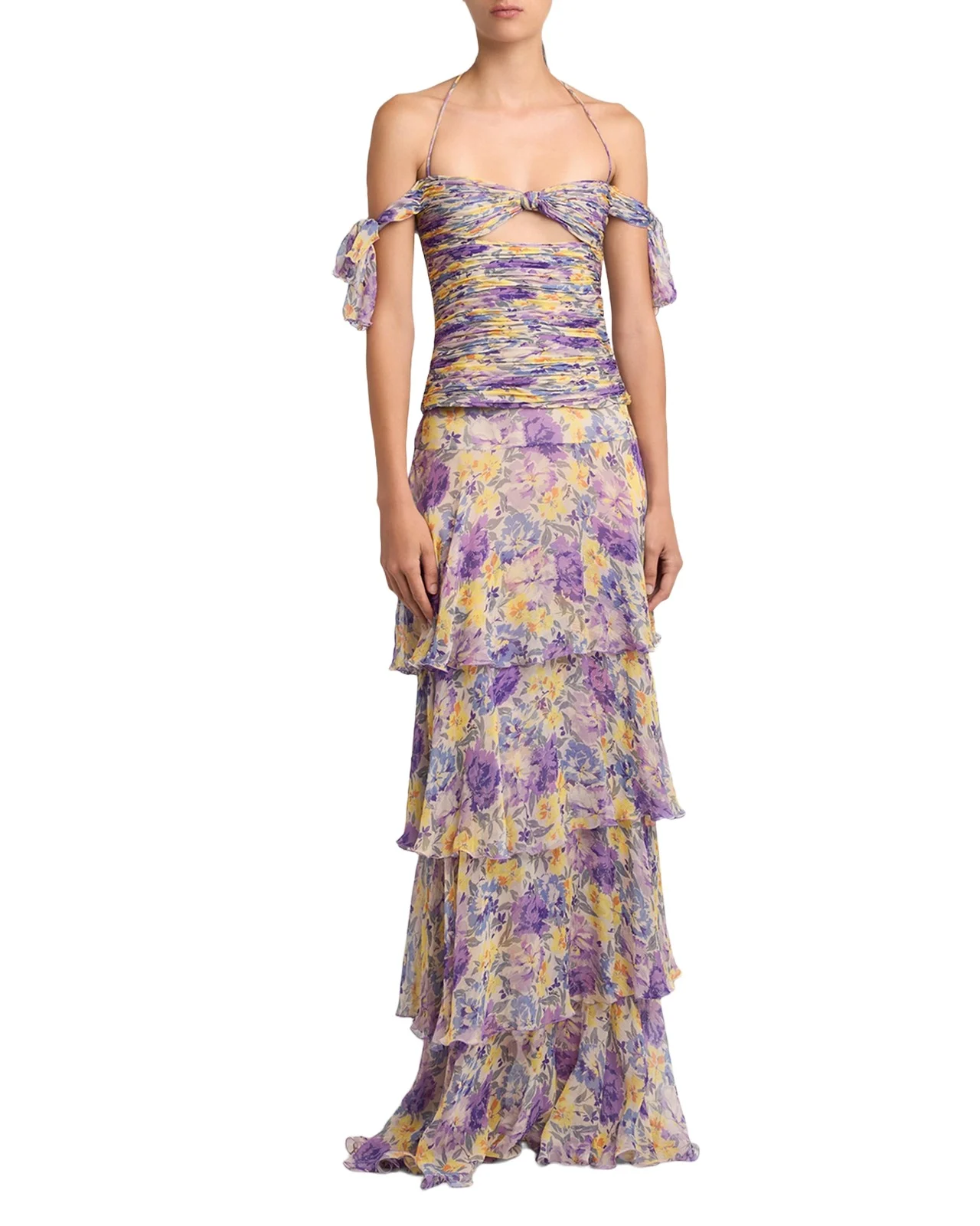 Off-The-Shoulder Ruched Floral Silk Cutout Top Off-The-Shoulder Ruched Floral Silk Cutout Top