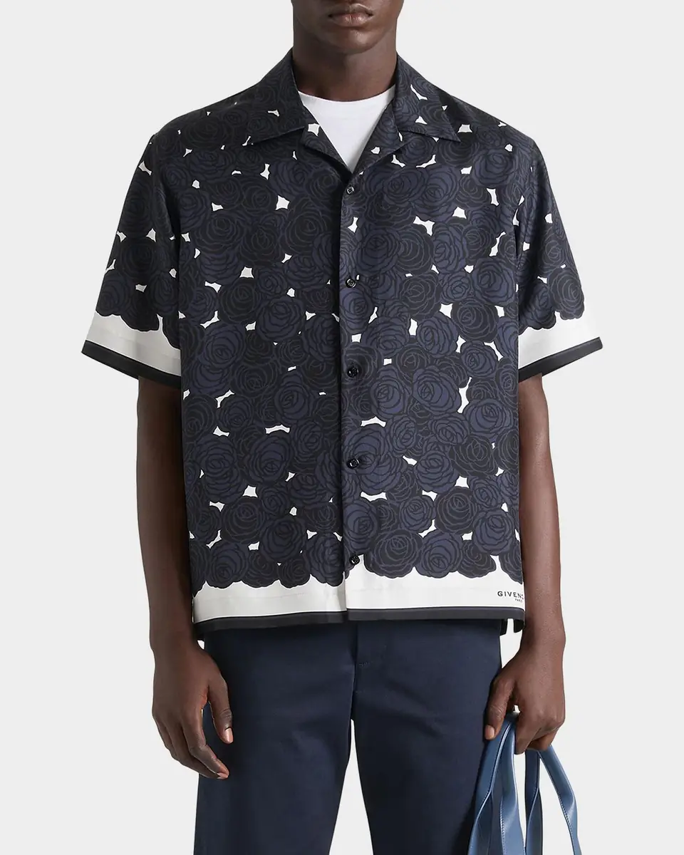 Givenchy Men's Roses Boxy-Fit Silk Bowling Shirt | Thumbnail 3