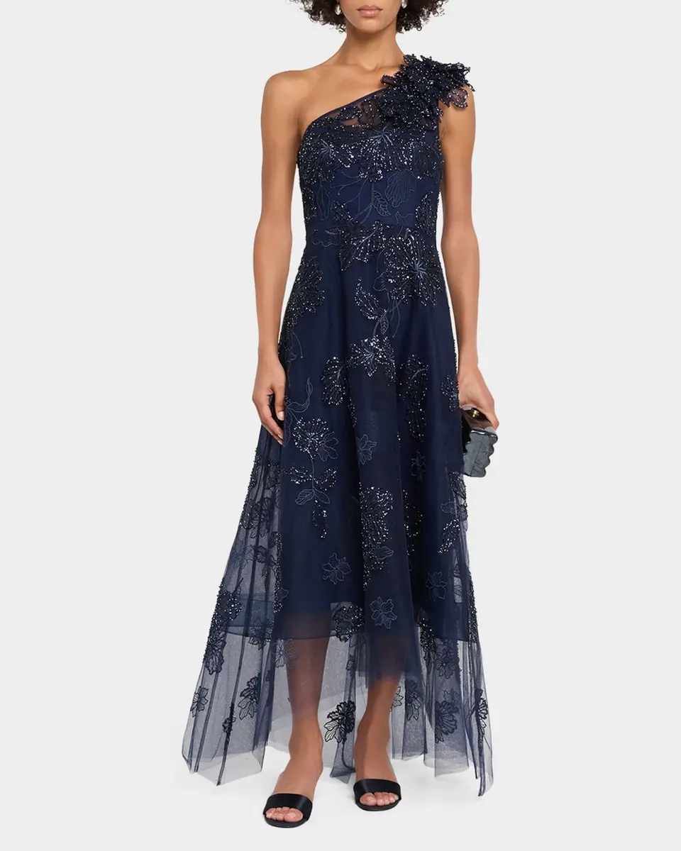 Rickie Freeman for Teri Jon Floral Beaded One-Shoulder Tulle Gown | Thumbnail 2 Rickie Freeman for Teri Jon Floral Beaded One-Shoulder Tulle Gown | Thumbnail 2