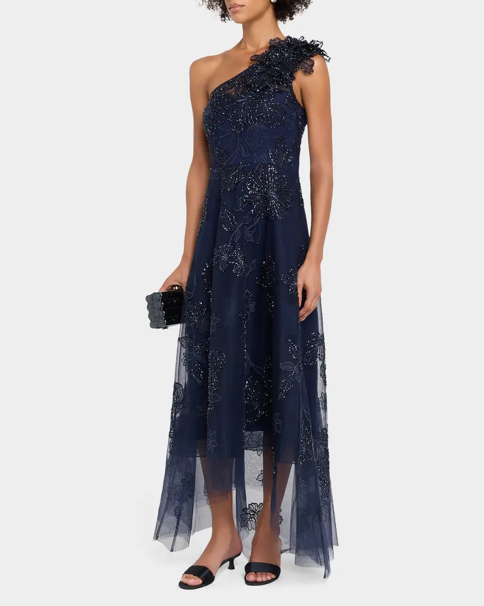 Rickie Freeman for Teri Jon Floral Beaded One-Shoulder Tulle Gown | Thumbnail 4 Rickie Freeman for Teri Jon Floral Beaded One-Shoulder Tulle Gown | Thumbnail 4