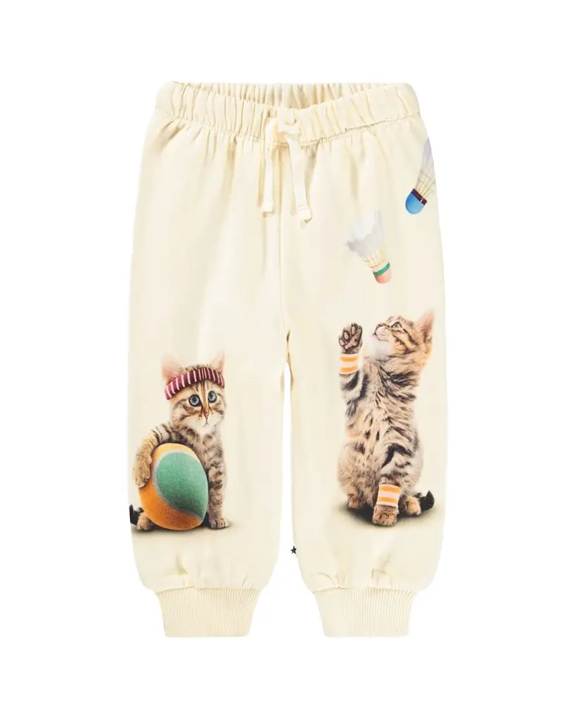 Molo Girl's Simeon Kitten-Print Cotton Sweatpants, Size -2 | Image 1 Molo Girl's Simeon Kitten-Print Cotton Sweatpants, Size -2 | Image 1