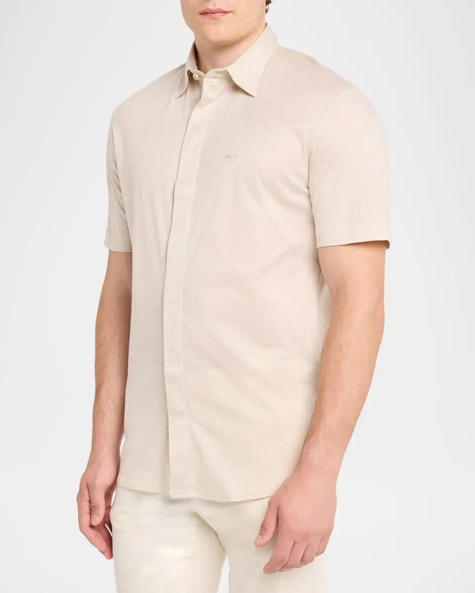 Emporio Armani Men's Cotton Tonal Texture Short-Sleeve Shirt | Thumbnail 4