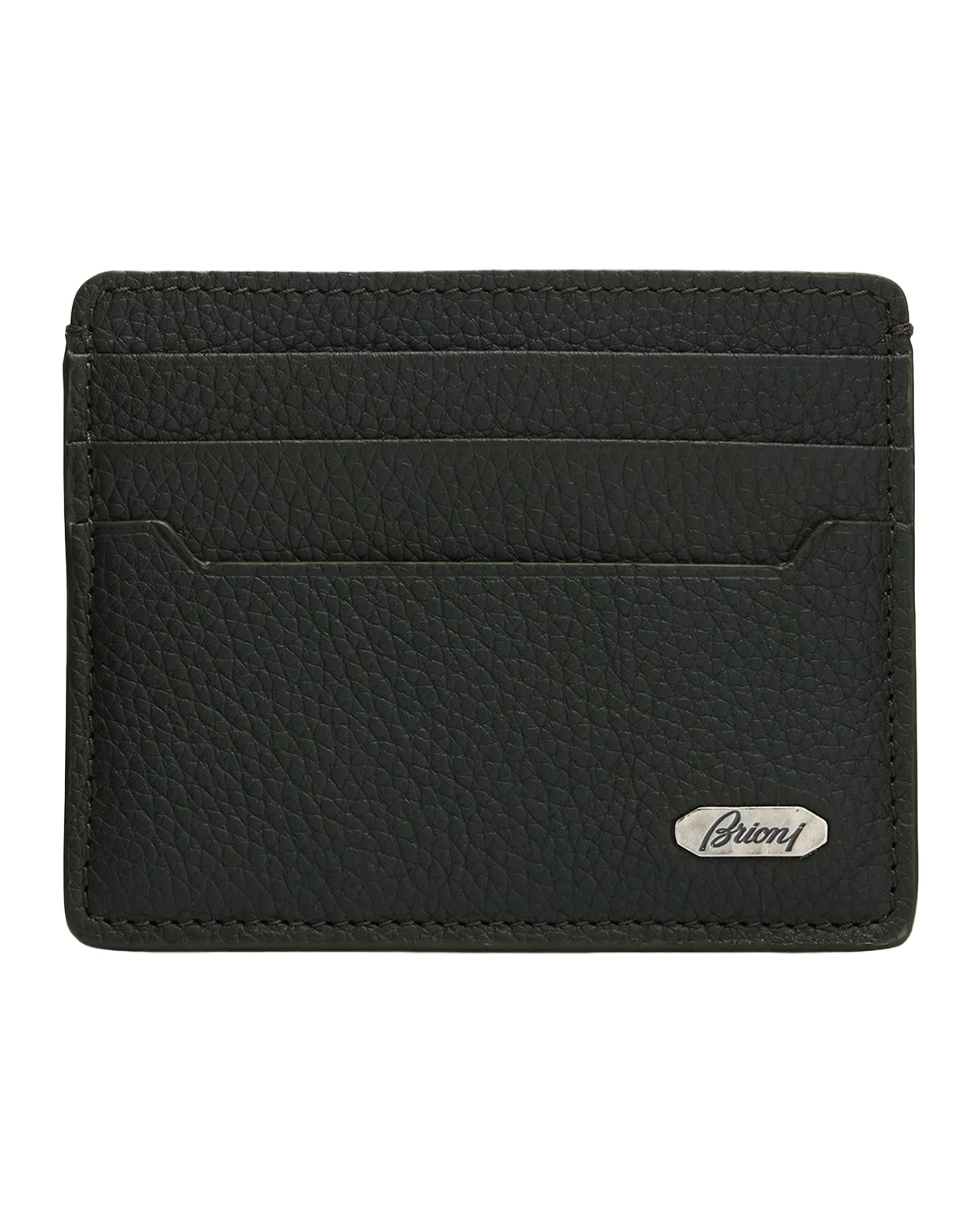 Brioni Men's Hammered Metal Plaque Card Holder in Grained Leather