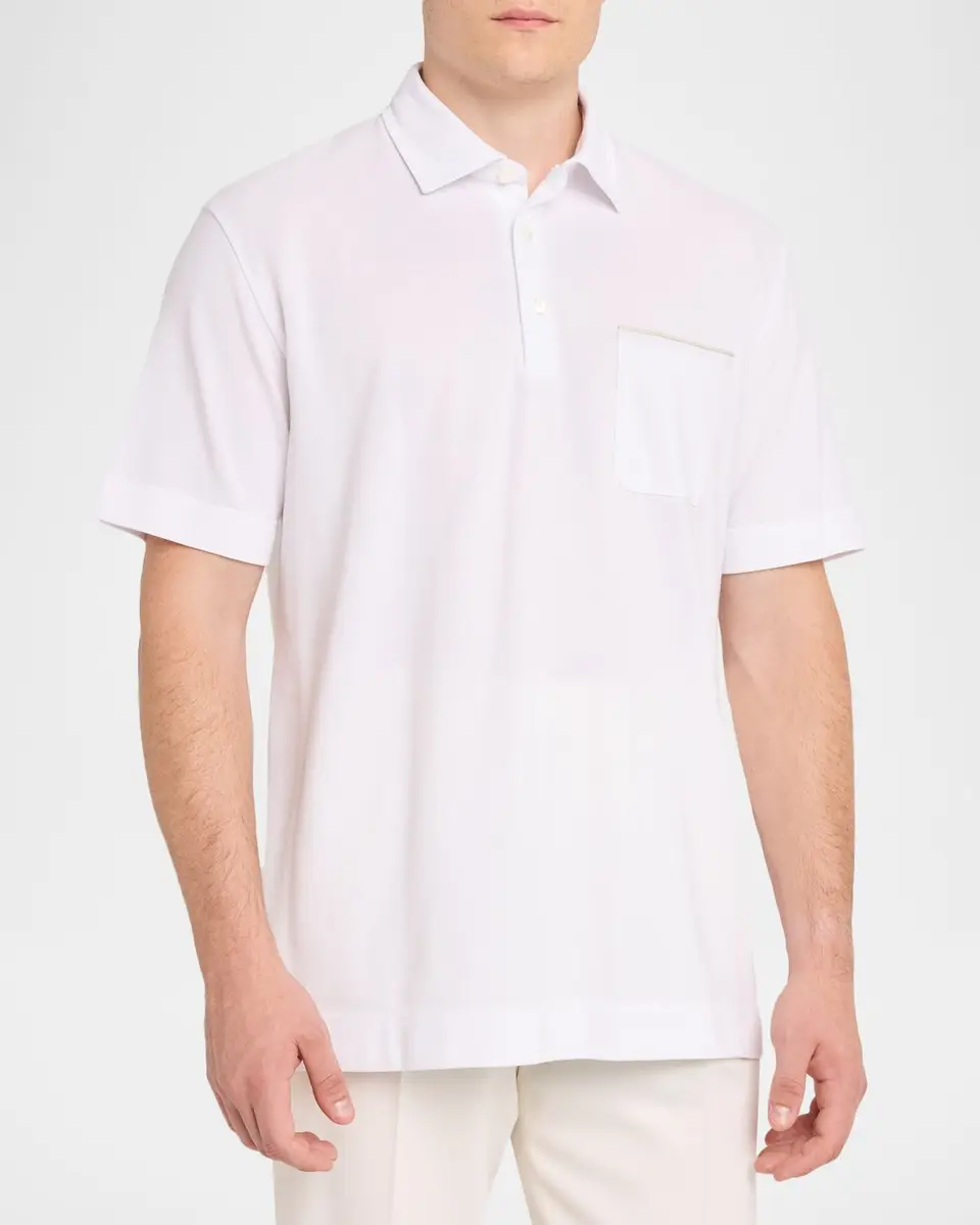 Zegna Men's Cotton Pique Leather-Trim Pocket Polo Shirt | Thumbnail 4 Zegna Men's Cotton Pique Leather-Trim Pocket Polo Shirt | Thumbnail 4