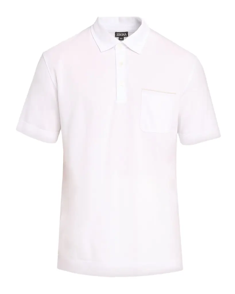 Zegna Men's Cotton Pique Leather-Trim Pocket Polo Shirt | Image 1 Zegna Men's Cotton Pique Leather-Trim Pocket Polo Shirt | Image 1
