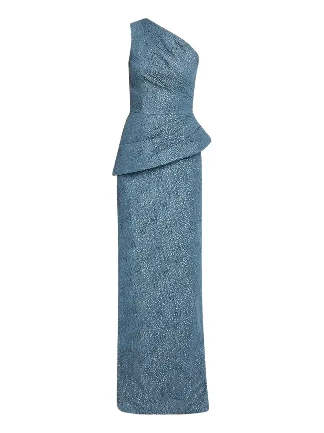 One-Shoulder Metallic Jacquard Peplum Gown One-Shoulder Metallic Jacquard Peplum Gown
