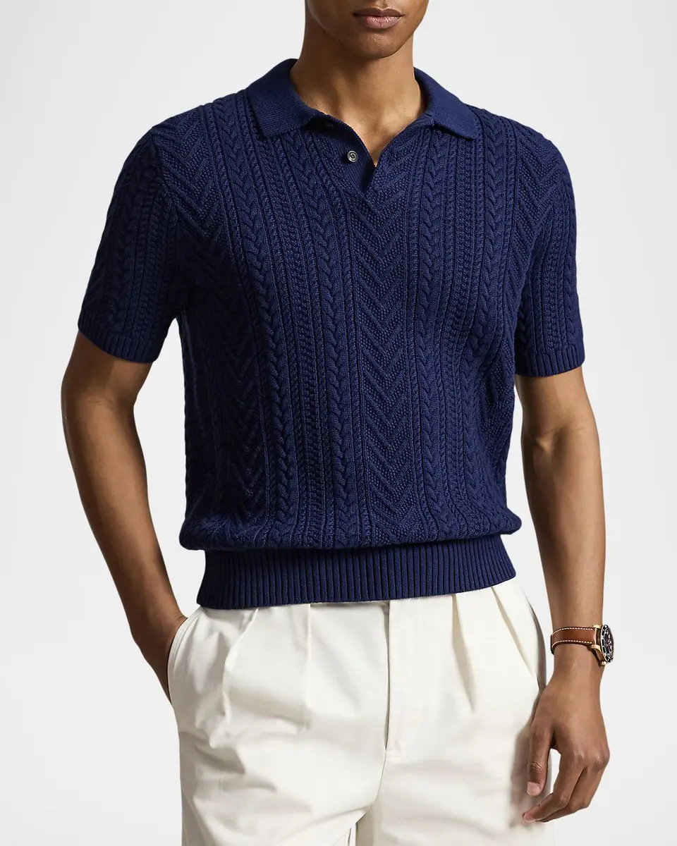 Polo Ralph Lauren Men's Cotton Aran Knit Short-Sleeve Polo Sweater | Thumbnail 4 Polo Ralph Lauren Men's Cotton Aran Knit Short-Sleeve Polo Sweater | Thumbnail 4