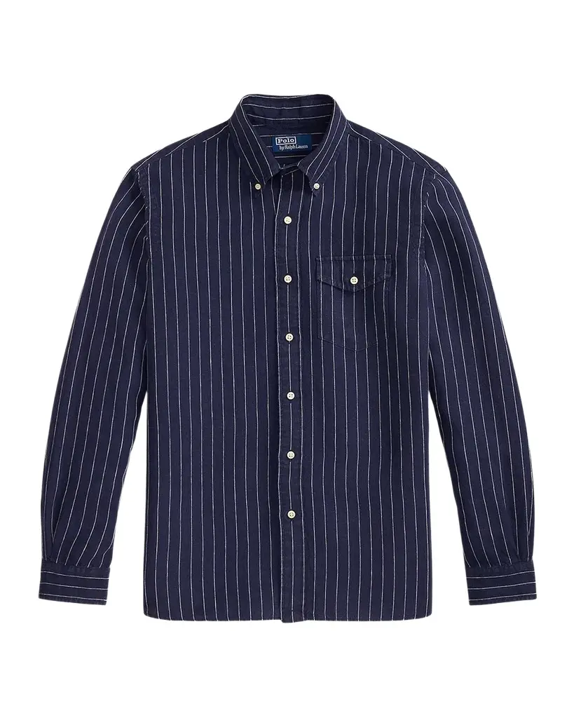 Polo Ralph Lauren Men's Slub Linen Hairline Stripe Button-Down Shirt | Image 1 Polo Ralph Lauren Men's Slub Linen Hairline Stripe Button-Down Shirt | Image 1