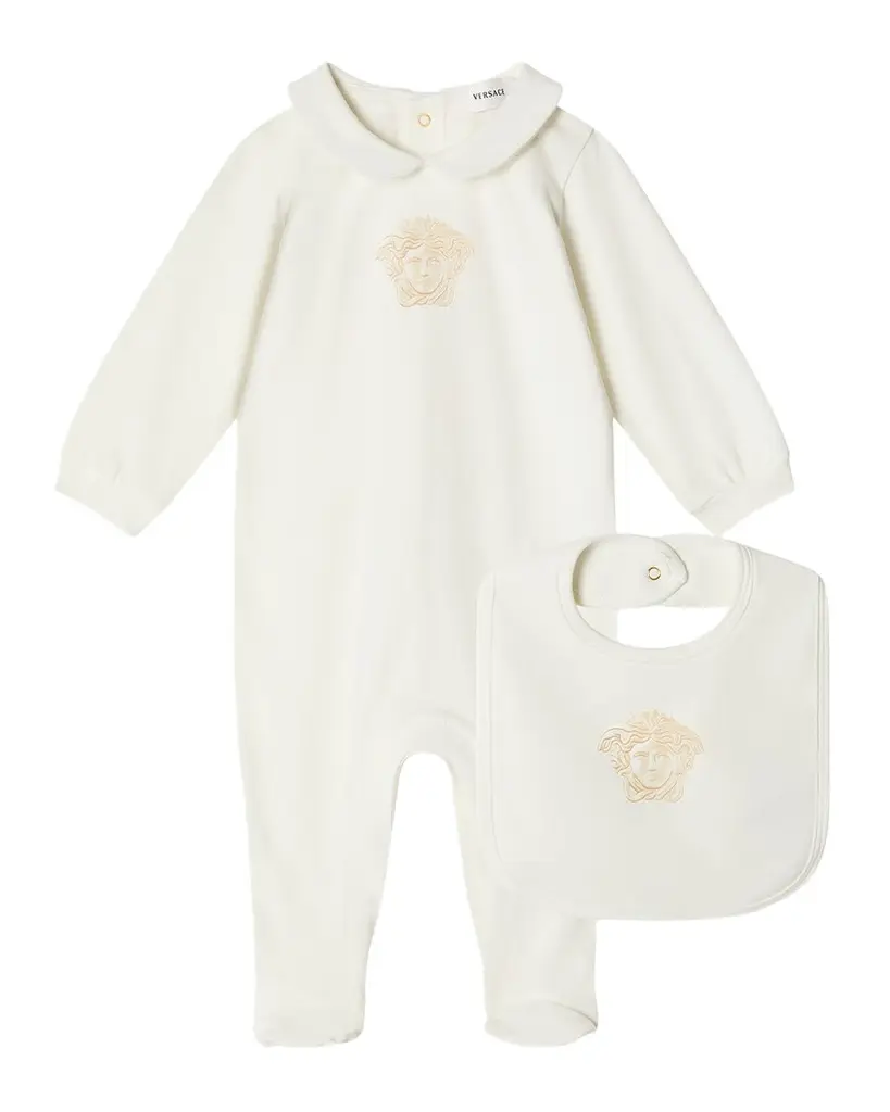 Versace Girl's Medusa Stretch Cotton Jersey Sleepsuit & Bib Set, Size 1M-6M | Image 1 Versace Girl's Medusa Stretch Cotton Jersey Sleepsuit & Bib Set, Size 1M-6M | Image 1