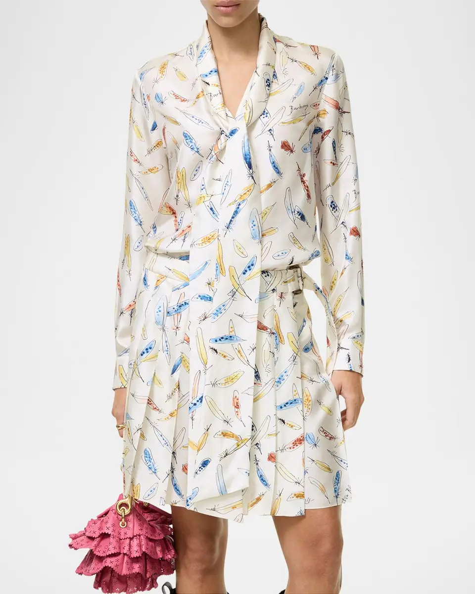 Burberry Rhiannon Feather-Print Silk Neck-Scarf Blouse | Thumbnail 3