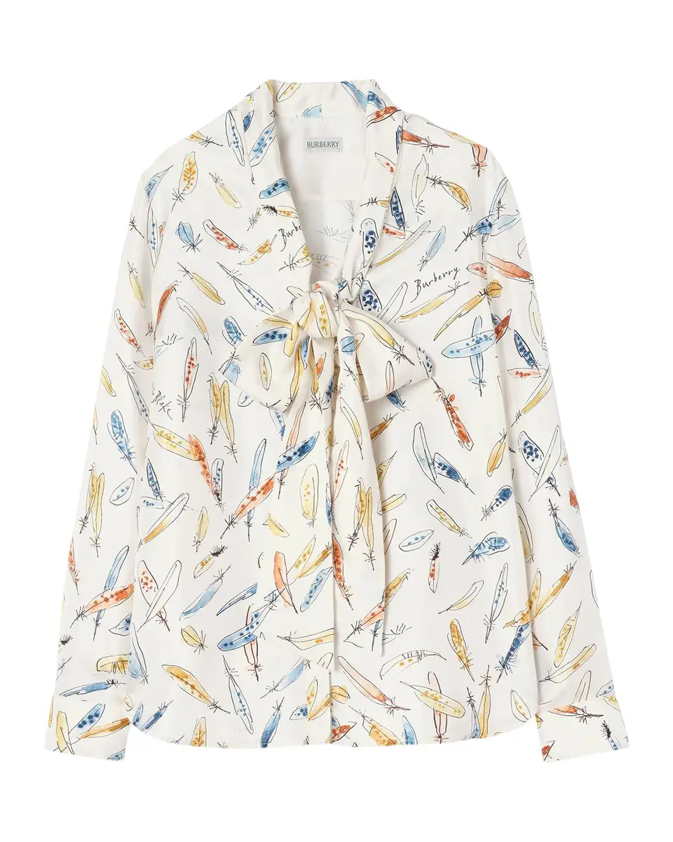 Burberry Rhiannon Feather-Print Silk Neck-Scarf Blouse | Thumbnail 4