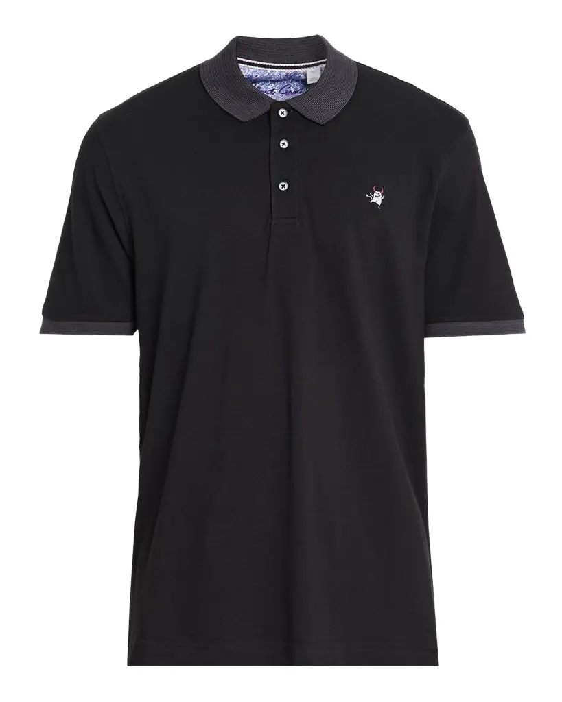 Robert Graham Men's Devil-Embroidered Striped Collar Cotton Polo Shirt | Image 1 Robert Graham Men's Devil-Embroidered Striped Collar Cotton Polo Shirt | Image 1