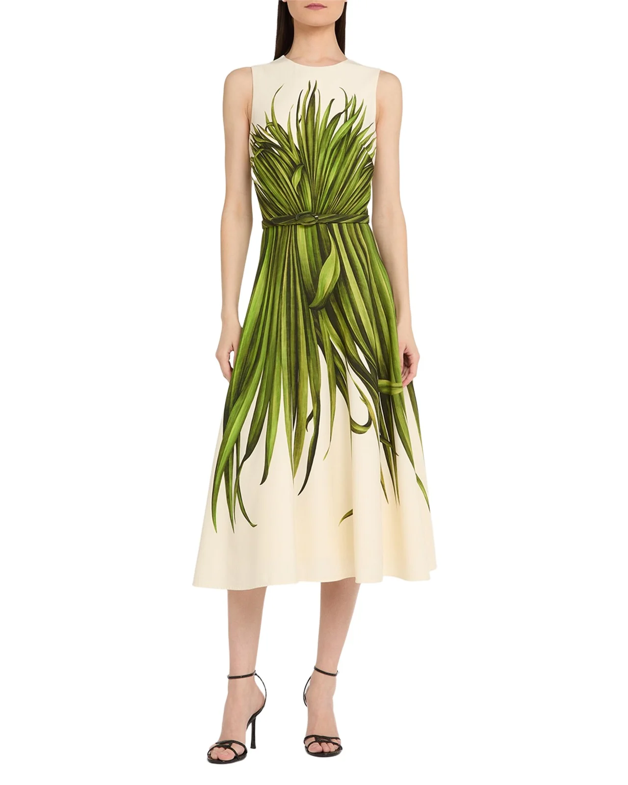 Belted Palm Leaf-Print Midi Dress Belted Palm Leaf-Print Midi Dress