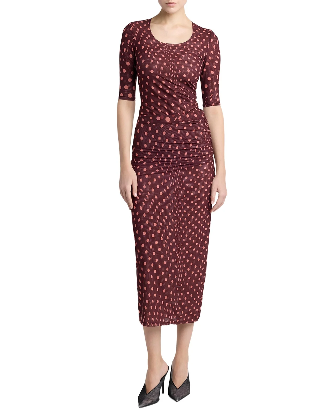 Polka Dot Mesh Ruched Midi Skirt Polka Dot Mesh Ruched Midi Skirt