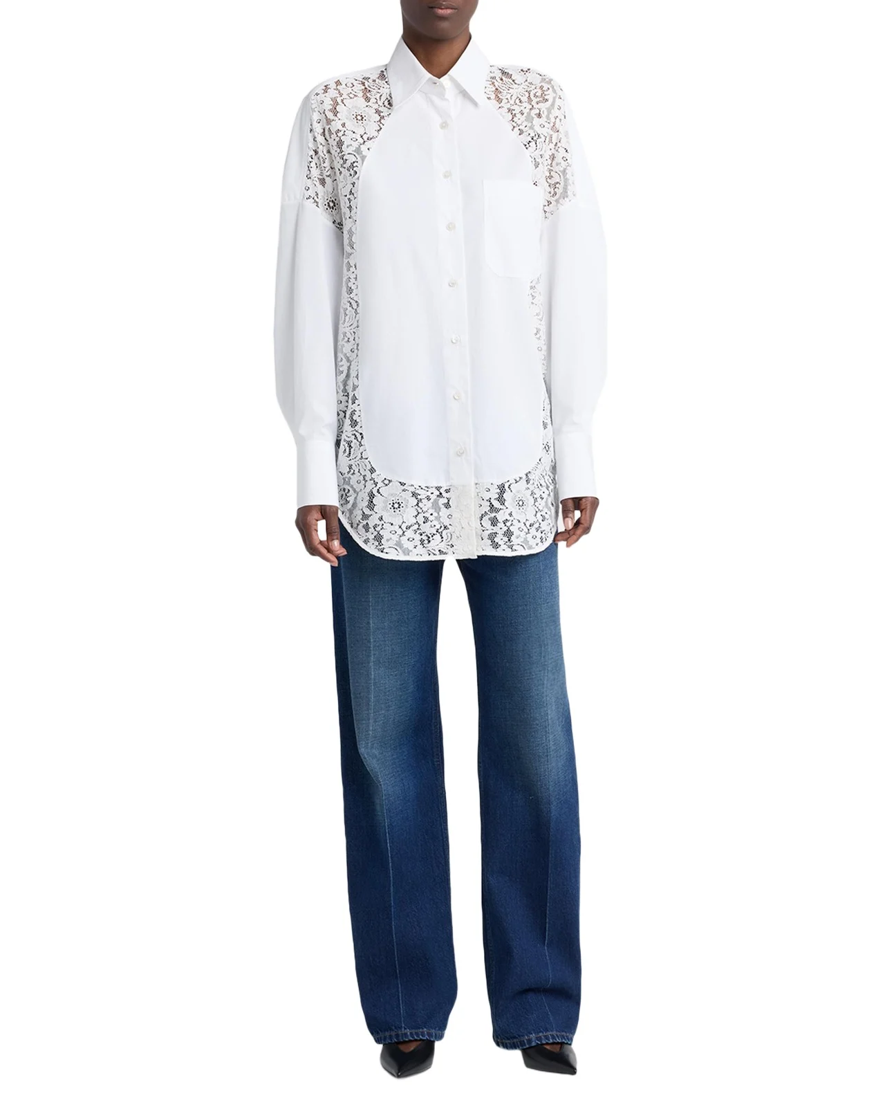 Lace-Paneled Poplin Button-Down Shirt