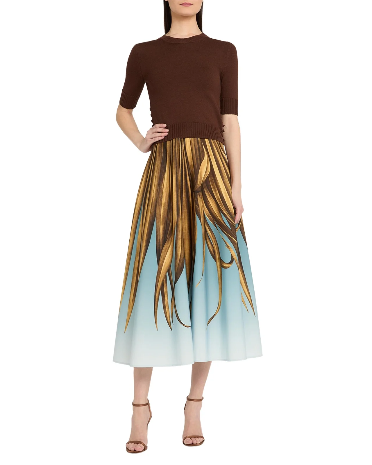 Palm Print A-Line Midi Skirt