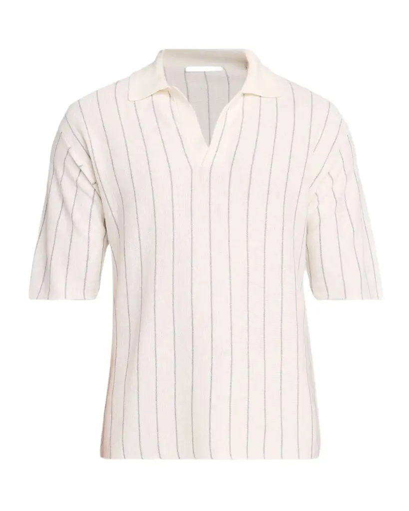 Helmut Lang Men's Linen and Cotton Stripe Johnny Collar Polo Shirt | Image 1 Helmut Lang Men's Linen and Cotton Stripe Johnny Collar Polo Shirt | Image 1