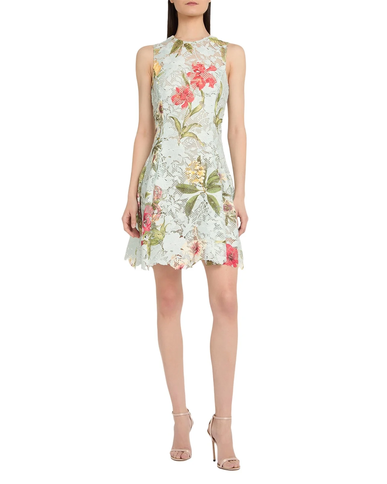 Oscar de la Renta Chine Multi Floral-Print Guipure Lace Mini Dress