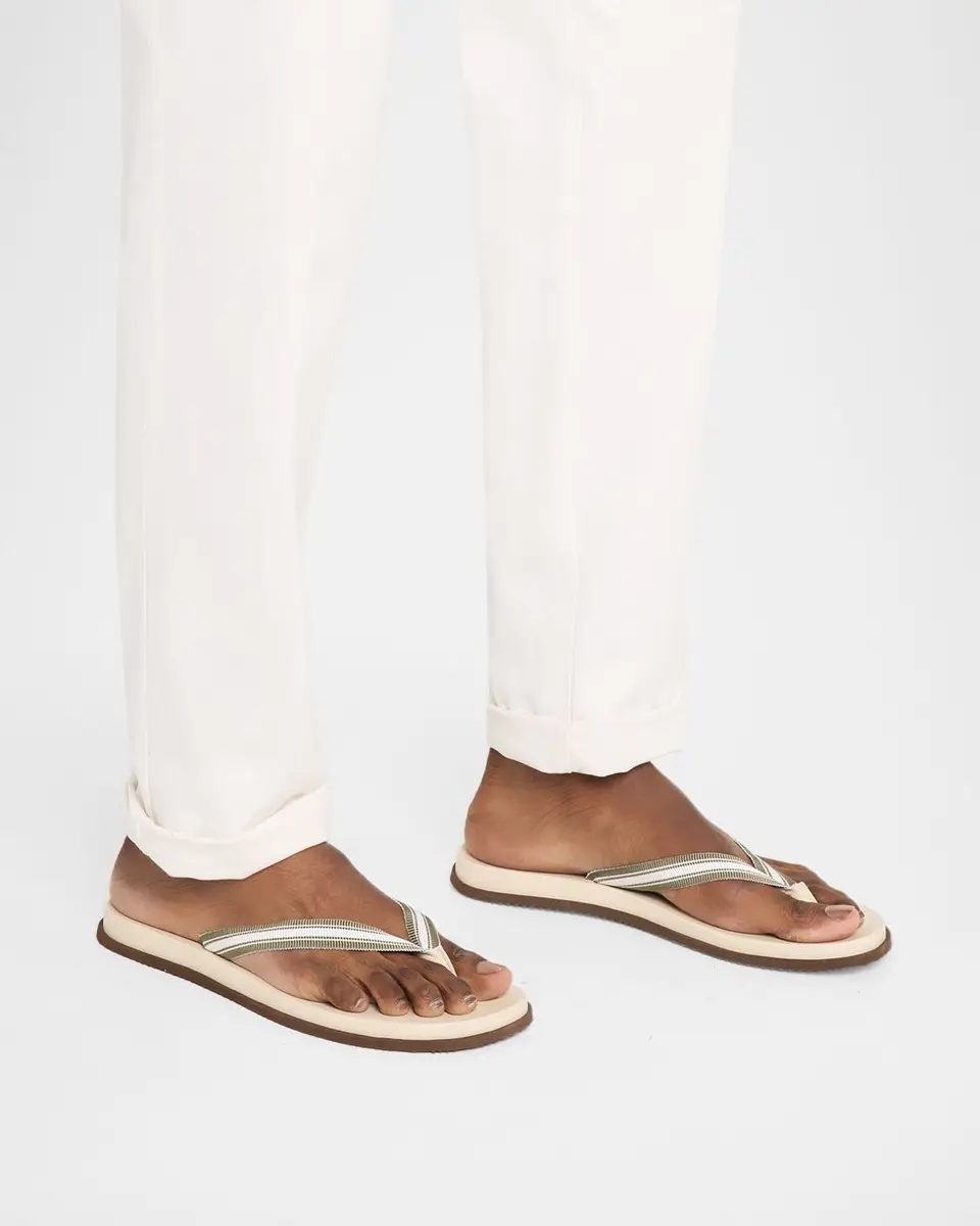Brunello Cucinelli Men's Leather Grosgrain-Stripe Flip-Flops | Thumbnail 2 Brunello Cucinelli Men's Leather Grosgrain-Stripe Flip-Flops | Thumbnail 2