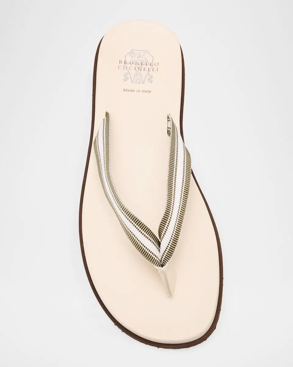 Brunello Cucinelli Men's Leather Grosgrain-Stripe Flip-Flops | Thumbnail 6 Brunello Cucinelli Men's Leather Grosgrain-Stripe Flip-Flops | Thumbnail 6