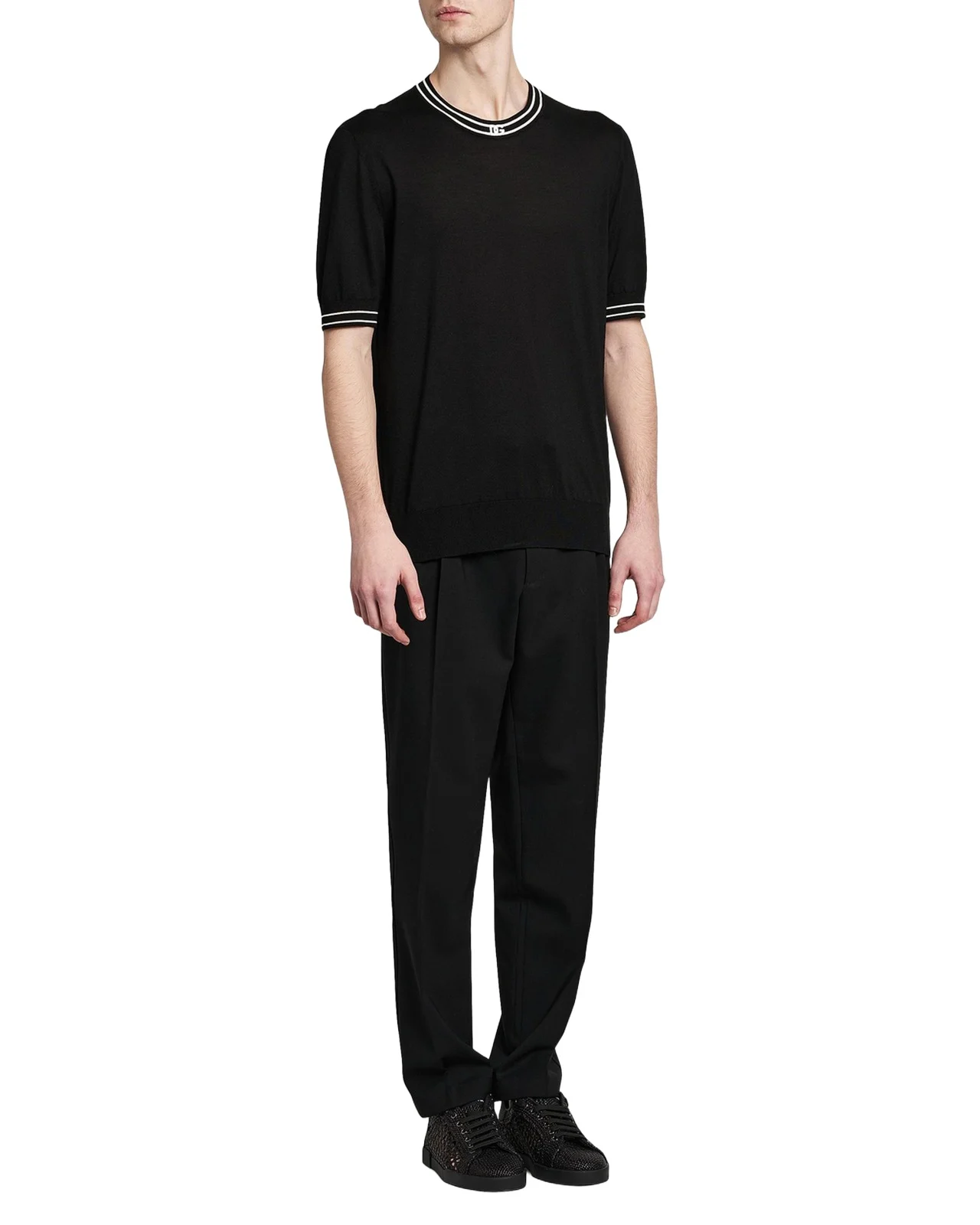 Men's Nero Silk Knit Ribbed-Logo Trim Crewneck T-Shirt Men's Nero Silk Knit Ribbed-Logo Trim Crewneck T-Shirt