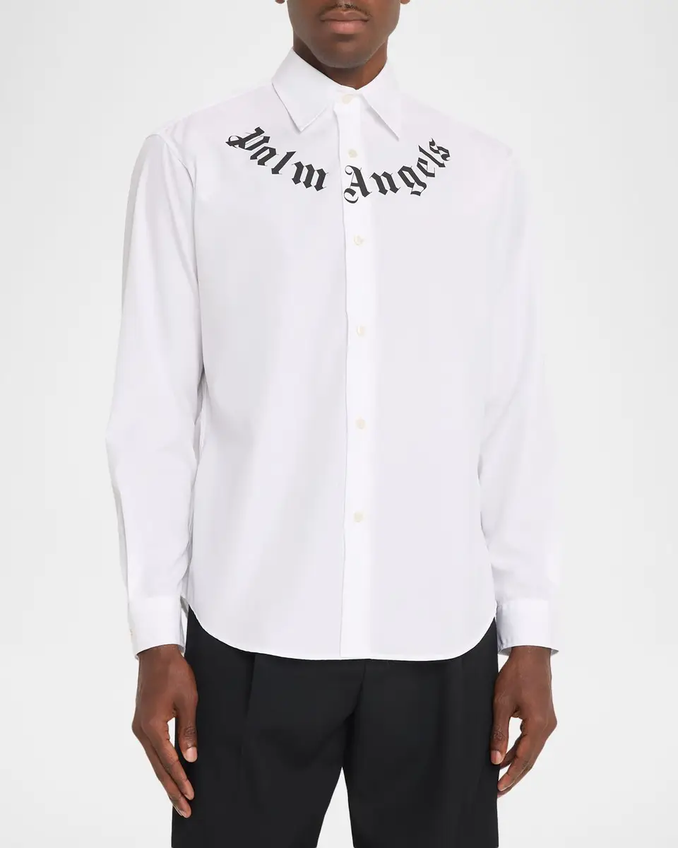 Palm Angels Men's Neck Logo Cotton Button-Down Shirt | Thumbnail 4