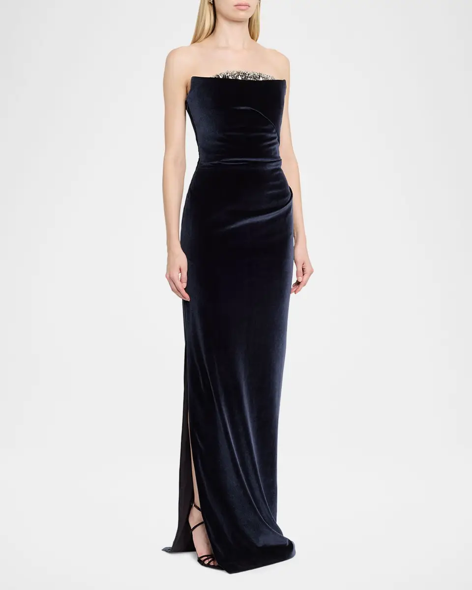 PAMELLA ROLAND Strapless Crystal Embellished Velvet Column Gown | Thumbnail 4 PAMELLA ROLAND Strapless Crystal Embellished Velvet Column Gown | Thumbnail 4