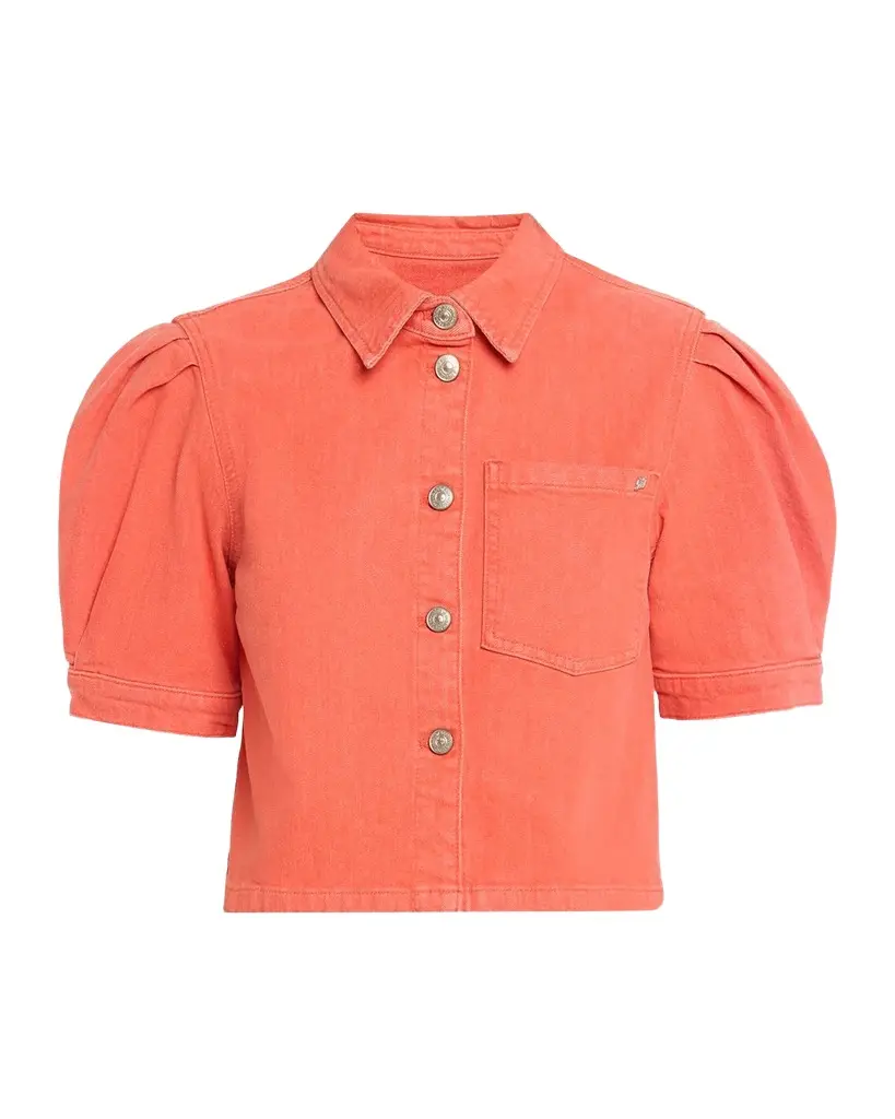 Cinq à Sept Halsie Puff-Sleeve Stretch-Cotton Denim Crop Shirt | Image 1 Cinq à Sept Halsie Puff-Sleeve Stretch-Cotton Denim Crop Shirt | Image 1