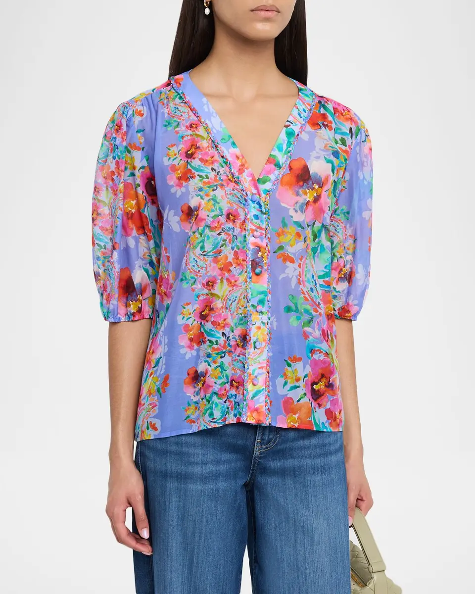 Johnny Was Mirrian Floral Cotton-Silk Blouse | Thumbnail 4