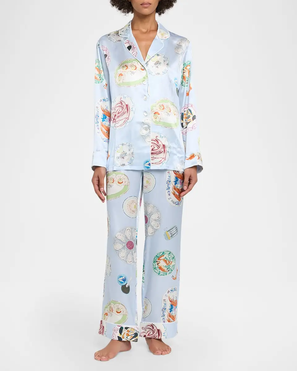 Olivia von Halle Lila Cadiz Seafood-Print Silk Satin Pajama Set | Thumbnail 2