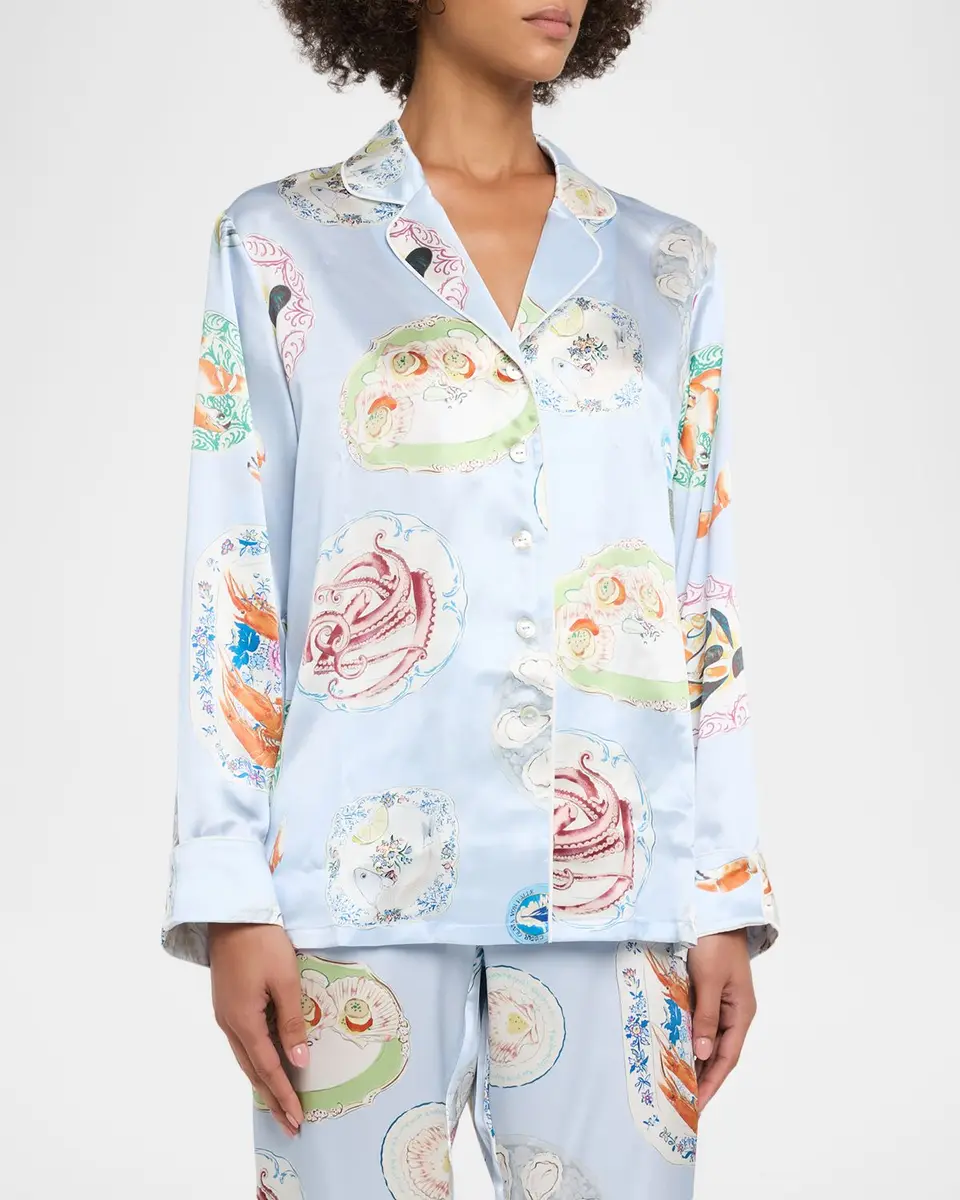 Olivia von Halle Lila Cadiz Seafood-Print Silk Satin Pajama Set | Thumbnail 4
