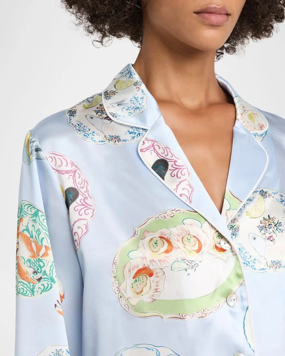 Olivia von Halle Lila Cadiz Seafood-Print Silk Satin Pajama Set | Thumbnail 5