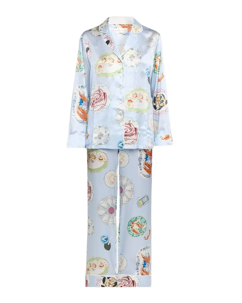 Olivia von Halle Lila Cadiz Seafood-Print Silk Satin Pajama Set | Image 1 Olivia von Halle Lila Cadiz Seafood-Print Silk Satin Pajama Set | Image 1